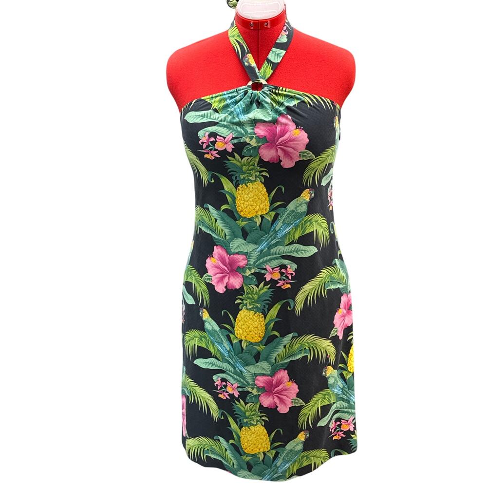 Tommy Bahama 100% Silk Tropical Print Pineapples Hibiscus Parrot Halter Dress 8